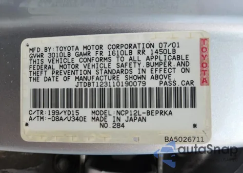 2001 Toyota Echo z USA, uszkodzony, nr VIN JTDBT123110190079